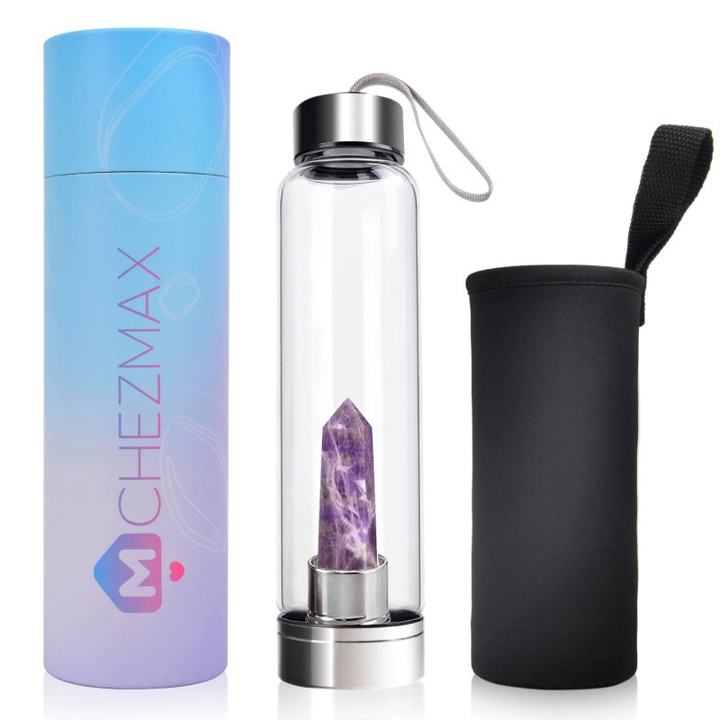 ChezMax Crystal Glass Water Bottle Energy Quartz Gemstone Water Bottle with Changeable Natural Crystal Center for Healing and Wellness - Image 1